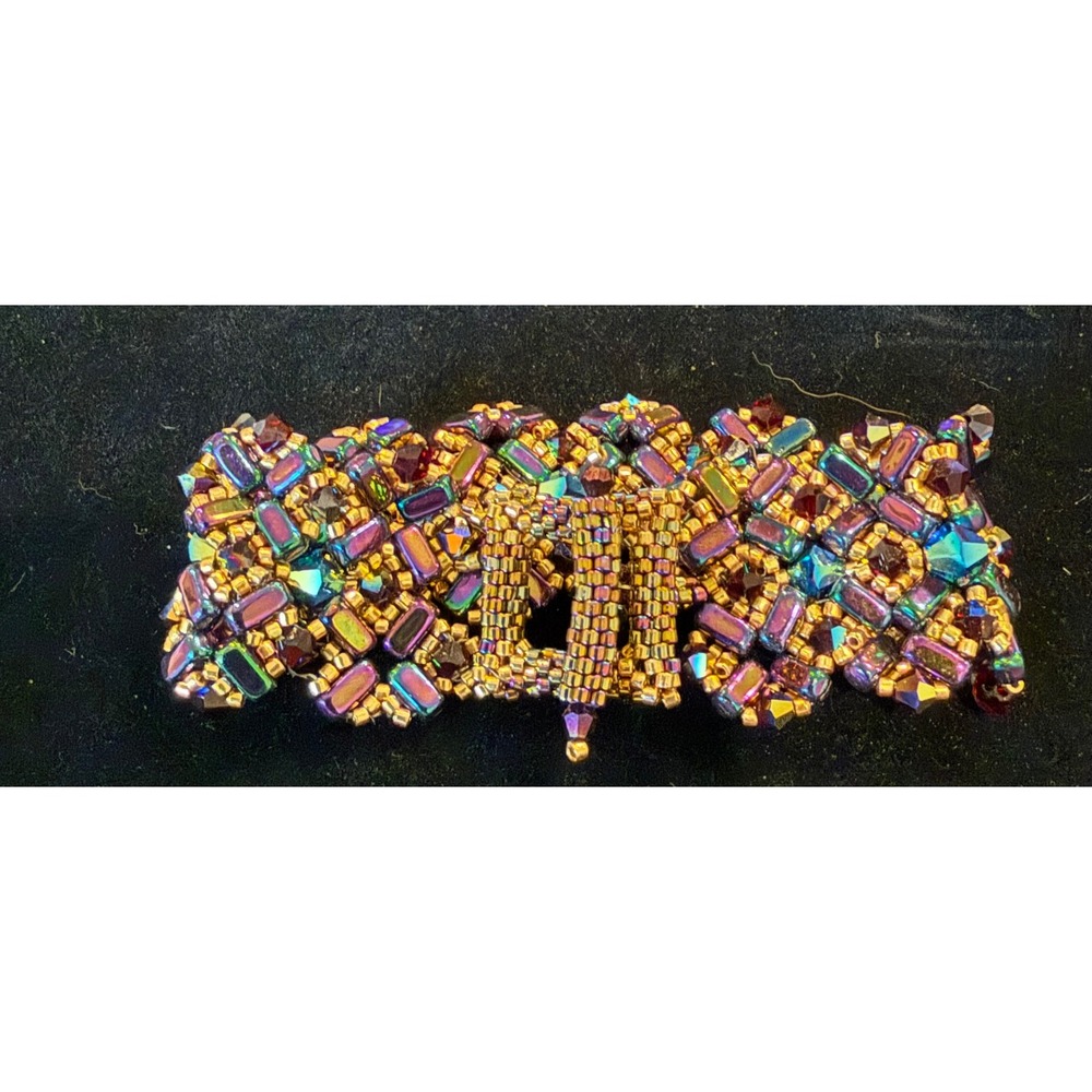 Handmade Womens 7" Beaded Cuff Bracelet‎ Iridescent Gold Purple Statement Boho